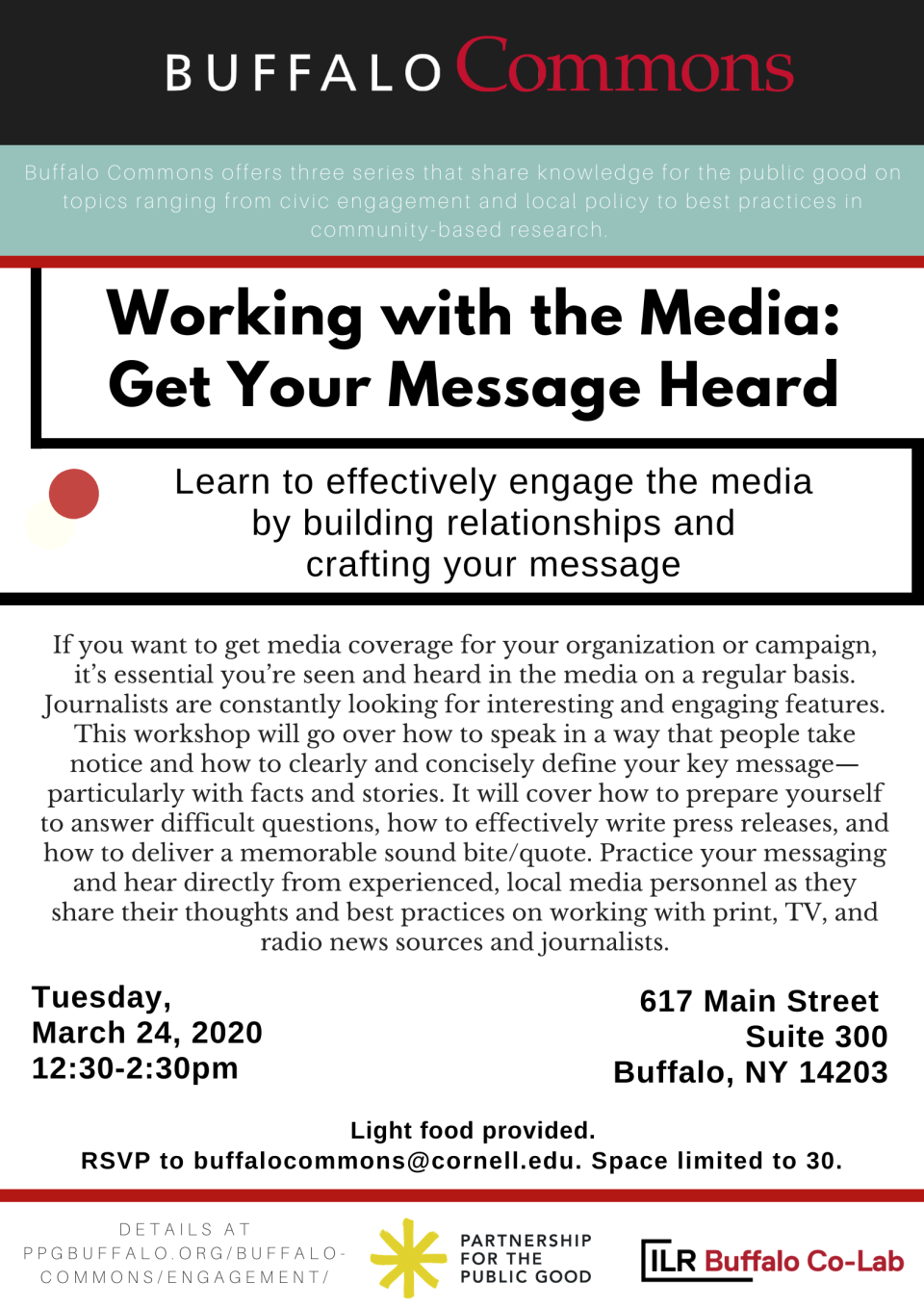 CANCELLED Buffalo Commons Workshop: Working with the Media: Get Your Message Heard