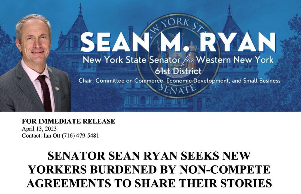 Sen. Sean Ryan Seeks New Yorkers Burdened by Non-Compete Agreements to Share Their Stories